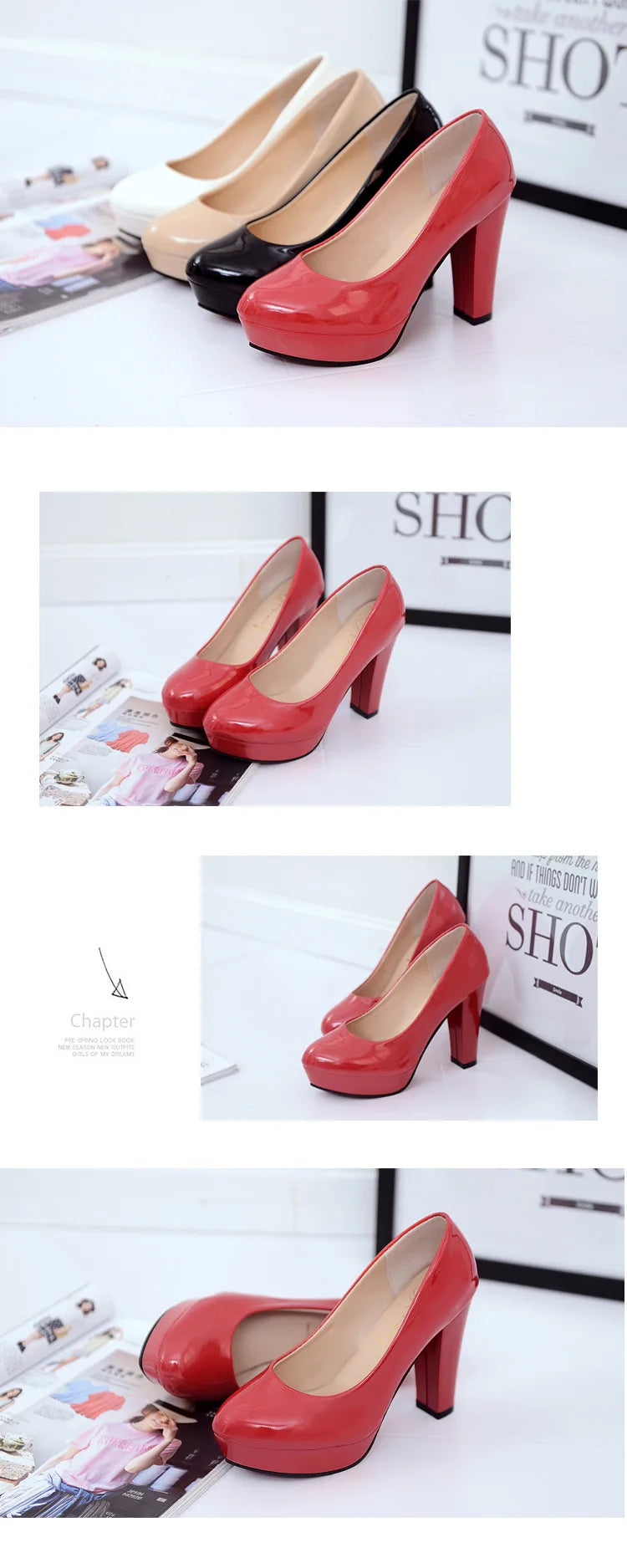 2025 High Heels Shoes Women White Wedding Shoes Thick 10 CM Heels Fashion Party Pumps Footwear Black Red Round Zapatos De Mujer Good Vibrations