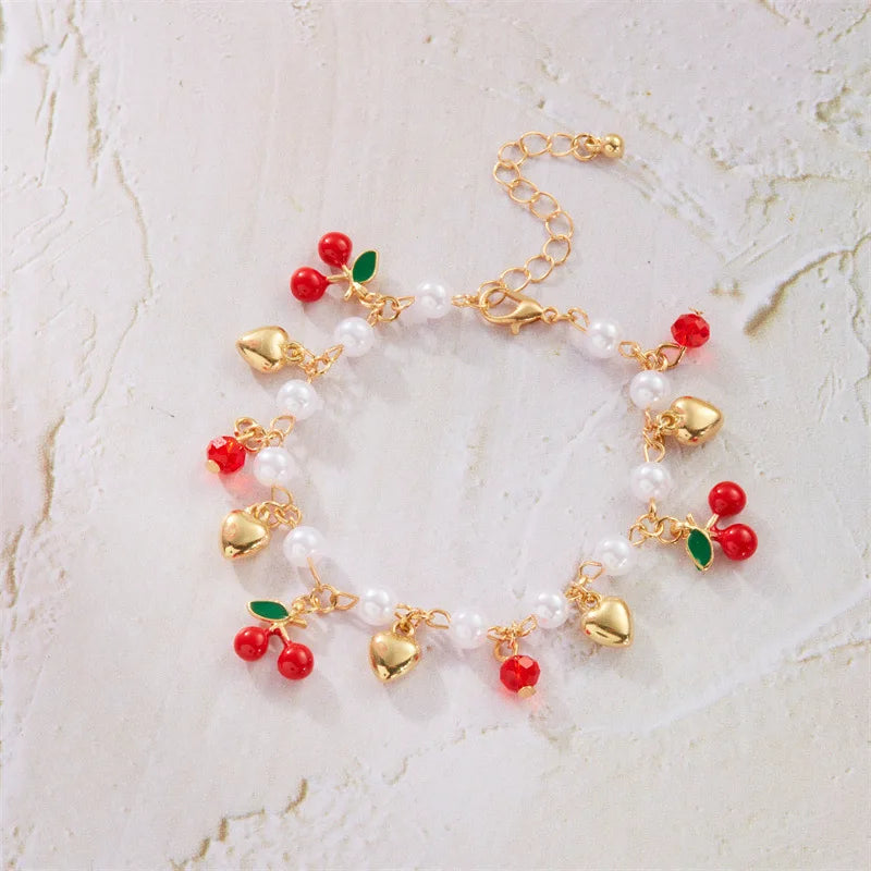 Charm Red Strawberry Bracelet for Women Cute Cherry Heart Shape Fruit Pearl Metal Chain Wristband Girls Party Friendship Jewelry Good Vibrations