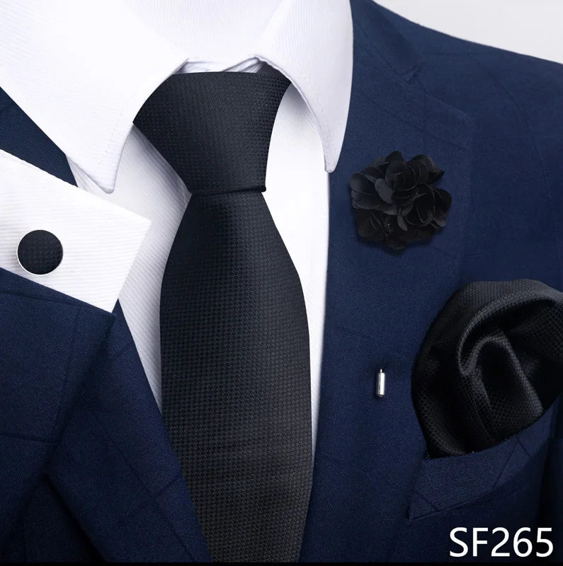Luxury Mens Ties Floral Black Gold Ties Paisley NeckTie Pocket Square Cufflinks Brooch Set Men's Wedding Party Tie Good Vibrations