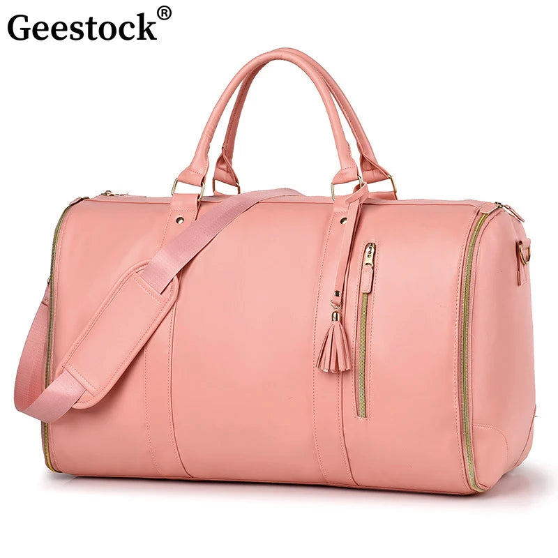 Geestock 2IN 1 Garment Duffel Bag for Travel Folding Suit Storage Bag Waterproof PU Travel Tote Bags Large Capacity Weekend Bag Good Vibrations