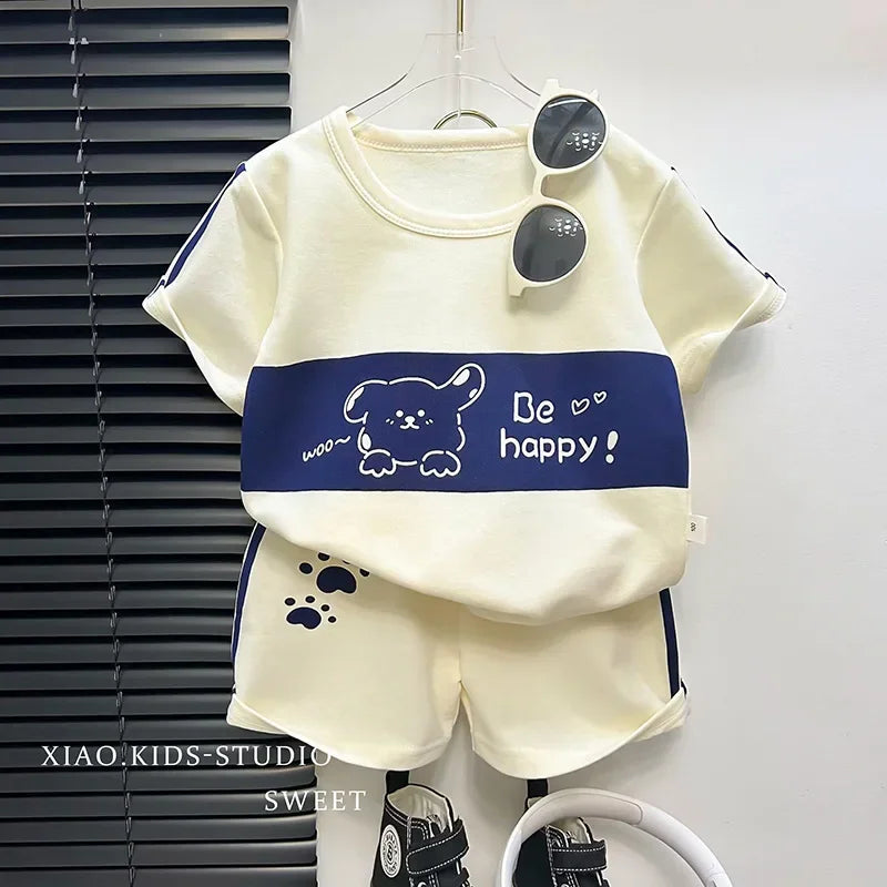2024 New Kids Short Sleeve Suit Striped Girls Boys Set Summer Tops +short Baby Clothes Children's Wear Good Vibrations