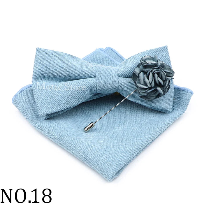 Mens Solid Color Cotton Bowtie Pocket Square Brooch Sets Pink Blue Super Soft Suede Bow Tie Handkerchief For Wedding Party Gift Good Vibrations