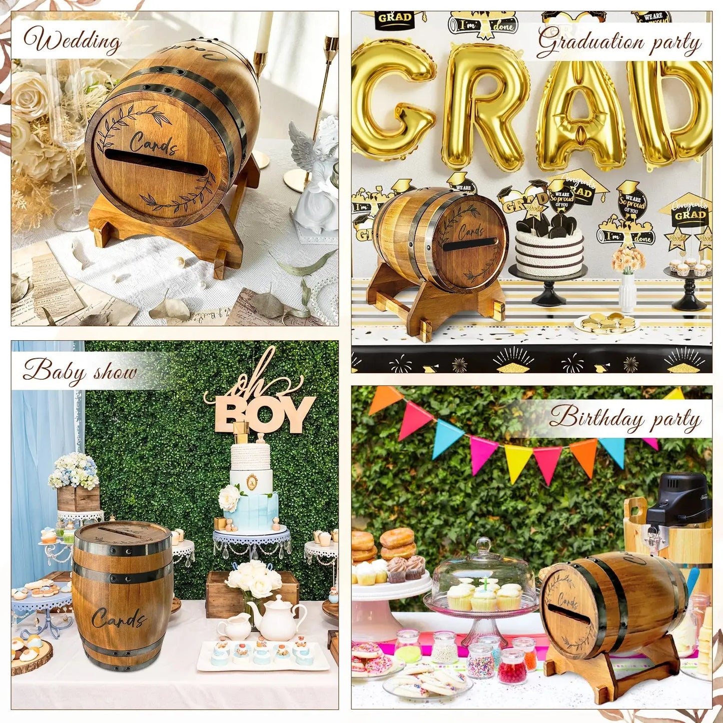 OurWarm Wooden wedding card box with base, brown whiskey barrel gift card box, suitable for graduation ceremony, baby shower Good Vibrations