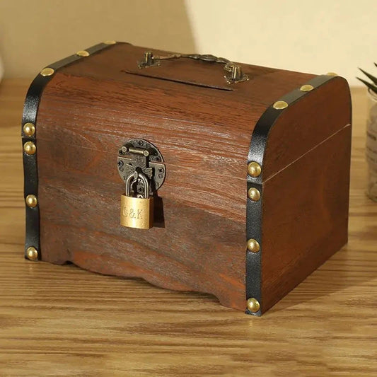 Wooden Retro Treasure Chest Piggy Bank Decorative Box With Lock,Coin,Banknote Storage Box Safe Money Box Gift cofre del tesoro Good Vibrations Adult Super Store