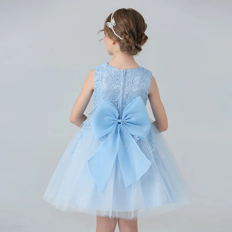 BX8991 White Lace Flower Girl Dress Bows Children's First Communion Dress Girls Sleeveless Princess Dresses Good Vibrations