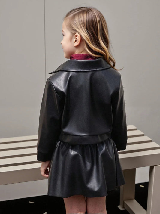 Children's Clothing for Girls, Spring and Autumn Stylish Pu Jacket and Versatile Short Skirt Two-Piece Set, New Fashion Street Style Cool Half Skirt, Easy to Clean, New Versatile Pu Leather Outfit Good Vibrations