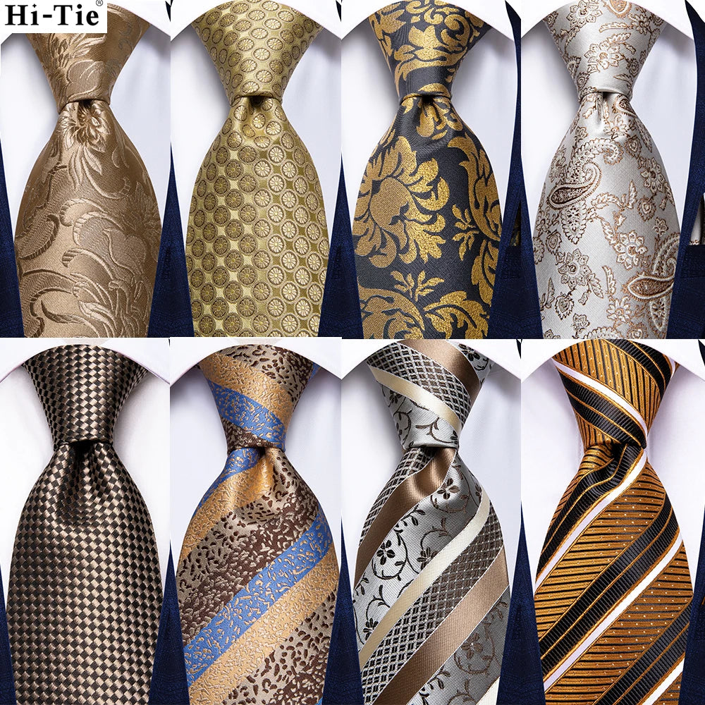 Hi-Tie Champagne Gold Striped Paisley Solid Men Silk Wedding Tie Fashion Design Necktie For Men Hanky Cufflink Business Party Good Vibrations
