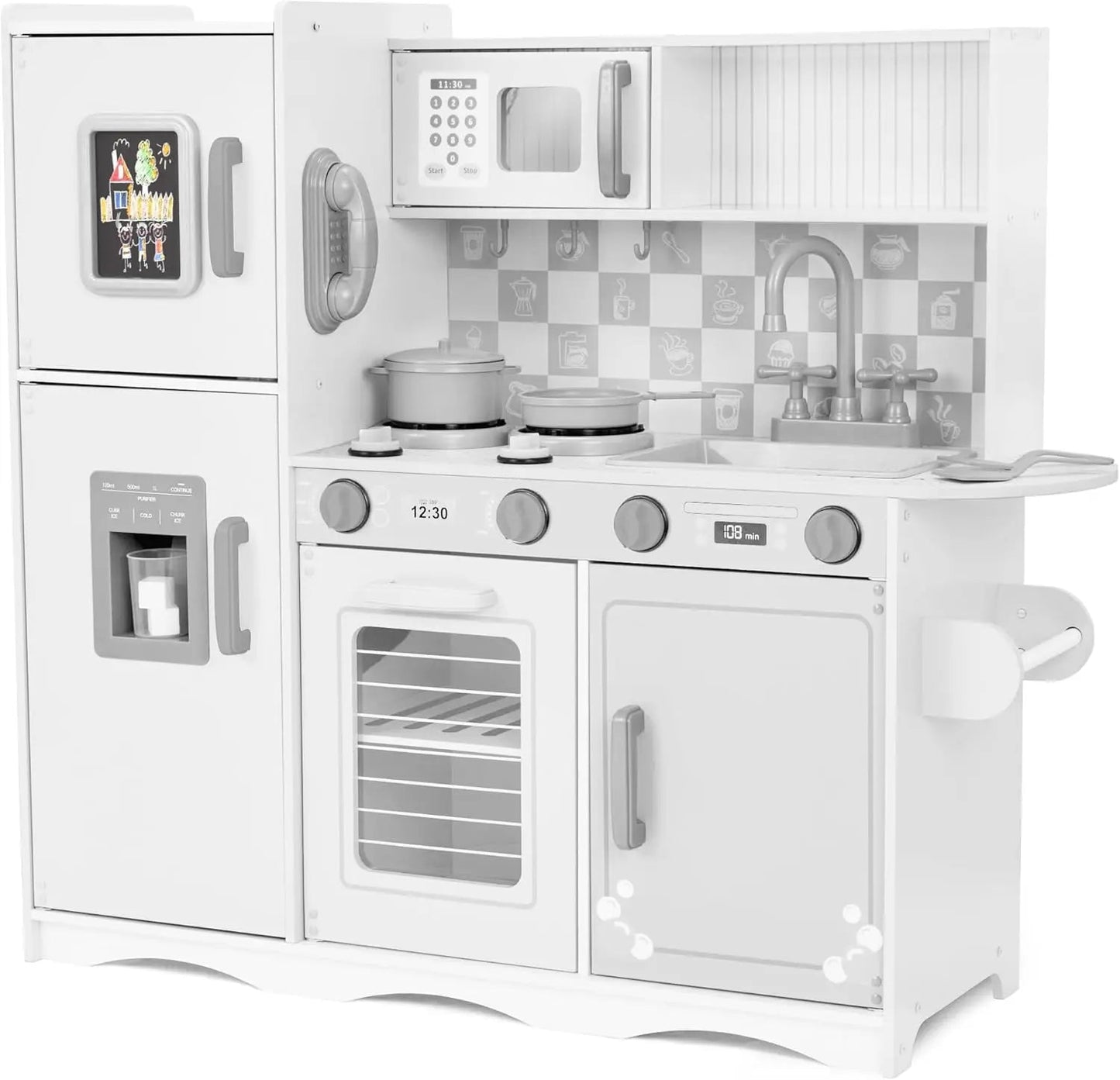 Kids Kitchen Set, Pretend Wooden Play Kitchen with Chalk Board, Play Phone, Towel Rack & Ice Dispenser, Clicking Knobs, Pots & U Good Vibrations