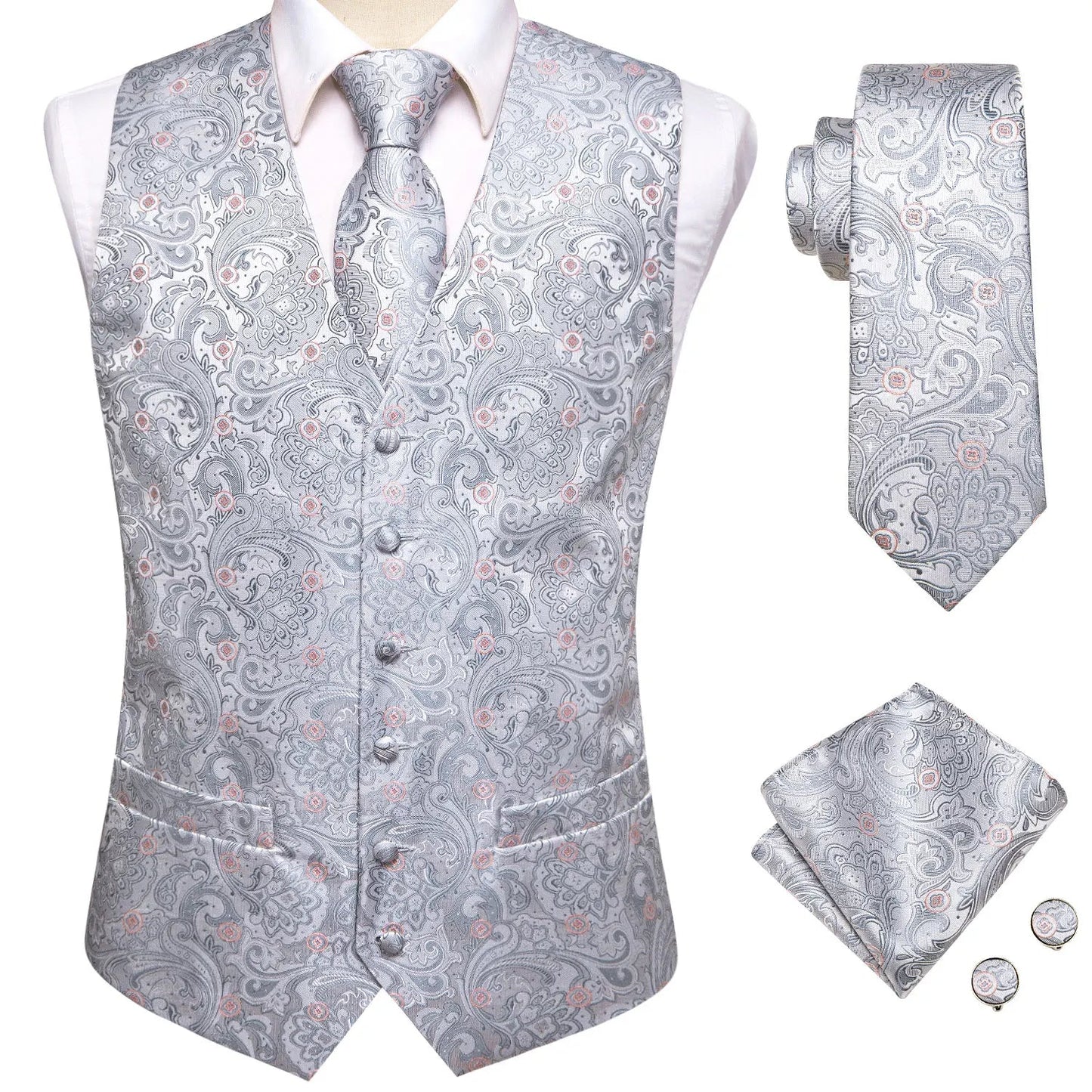 Hi-Tie Black Men Silk Vest Paisley Jacquard Necktie Hankerchief Cufflinks Sets Male Sleeveless V-Neck Waistcoat Business Formal Good Vibrations