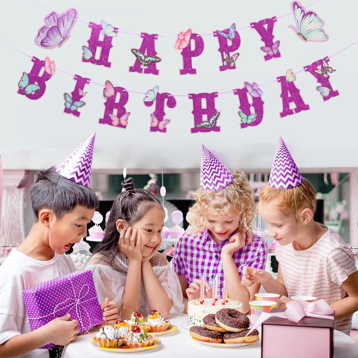 Pink Happy Birthday Banner With Butterfly Dancing Hanging Pendant Garlands  Girls Princess 1st Happy Birthday Party Decorations Good Vibrations