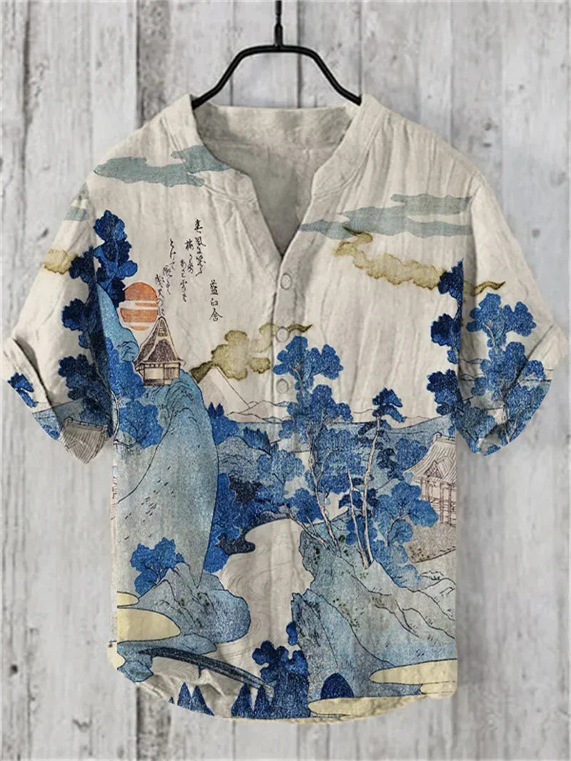 Henry Men's Casual Fashion Outdoor Seaside Men's Tops Shirt V-Neck Linen Shirt 2024 New Plus Size Good Vibrations