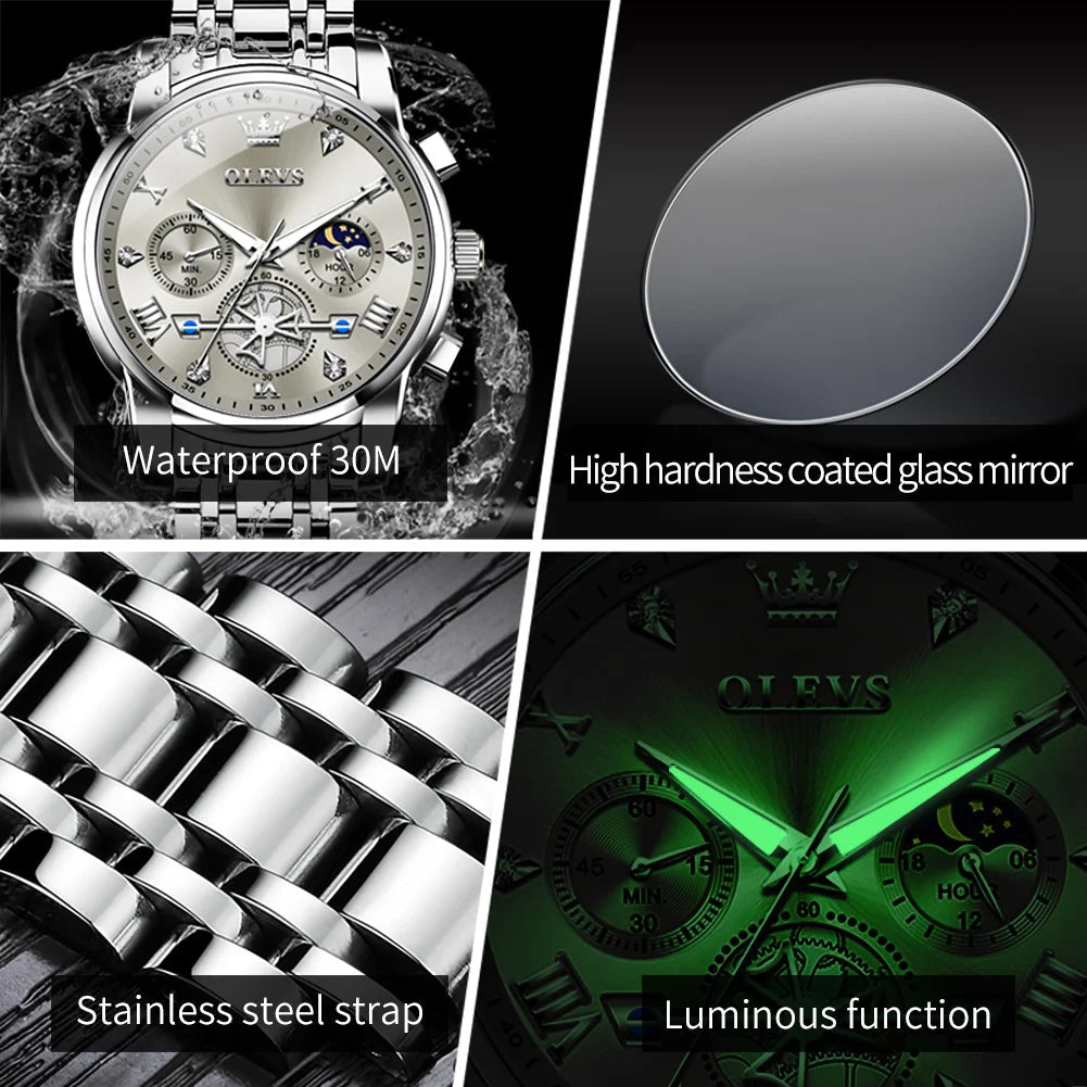 OLEVS Men's Watches Classic Multifunctional Fltwheel Chronograph Original Quartz Wristwatch Moon Phase 24 Hour Waterproof reloj Good Vibrations