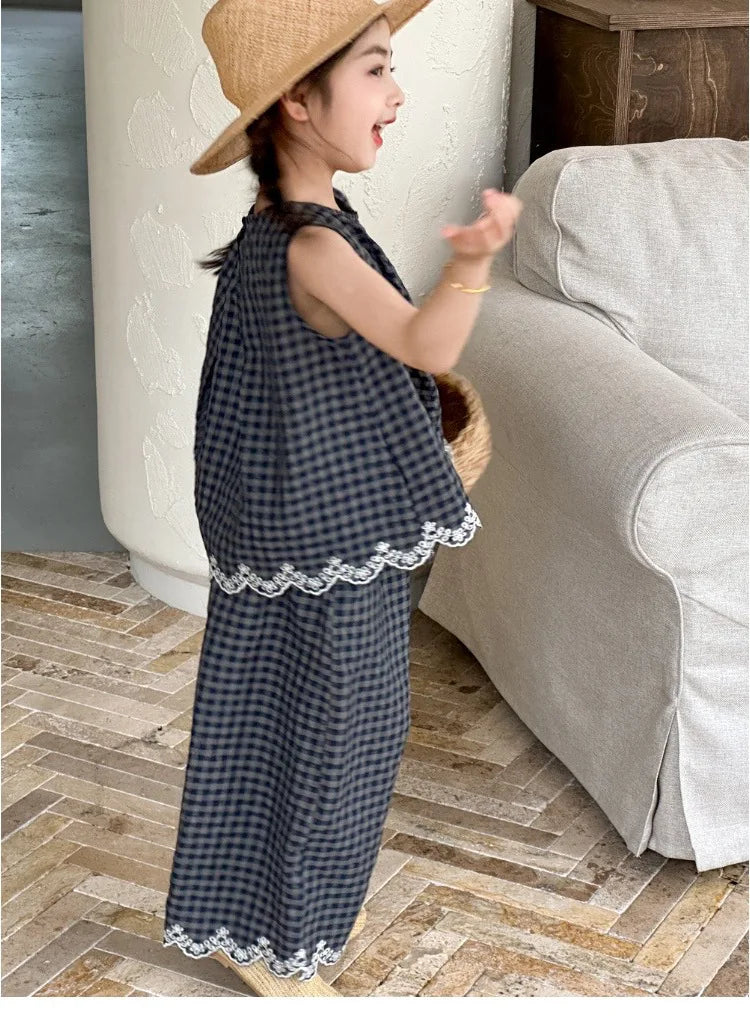 Girls' Summer Outfit New Kids Temperament Plaid Lace Vest+Wide Leg Pants Two-piece Set Trendy Children's Clothing Sets Good Vibrations