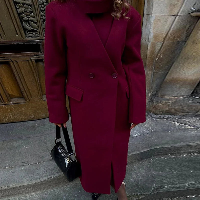 Wine Red Woolen Coats With Scarf Women Elegant Full Sleeve Double Breasted Long Overcoat 2025 Autumn Winter New Lady Streetwear Good Vibrations