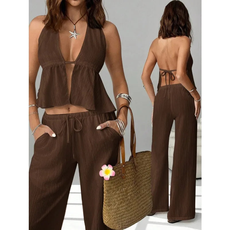 Women 2 Piece Outfits Halter Backless Tie Up Crop Top and Wide Leg Pants Casual Summer Vacation Two Piece Loungewear Tracksuit Good Vibrations