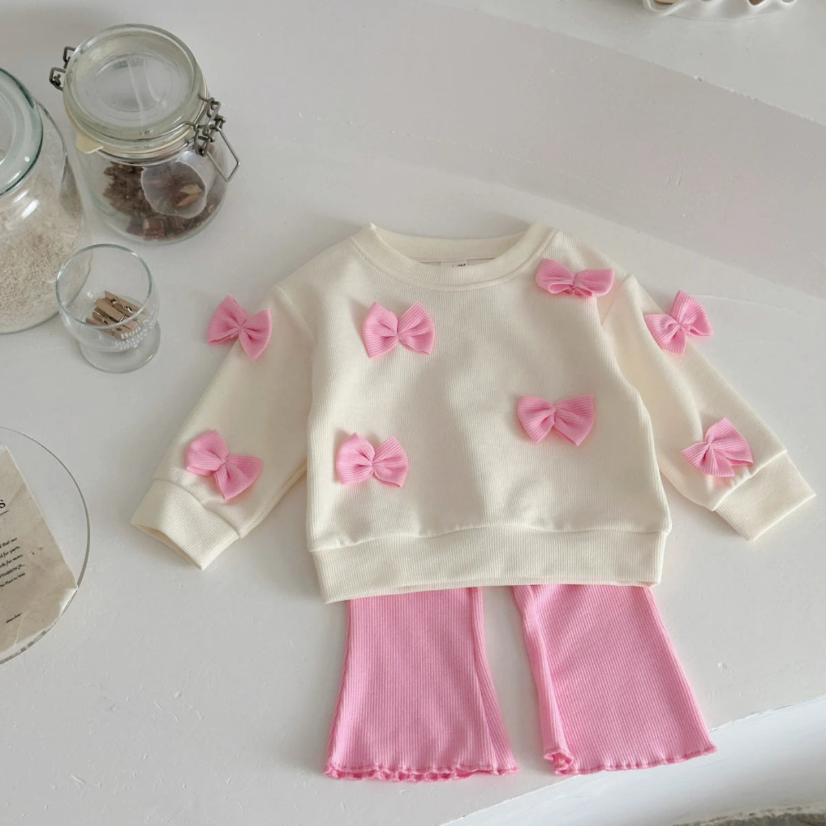 2025 Spring Autumn New Kids Cute Bowknot Long Sleeved Outfit Set Baby Boy Girl Cartoon Casual Tracksuit Pink Flared Pants Suit Good Vibrations