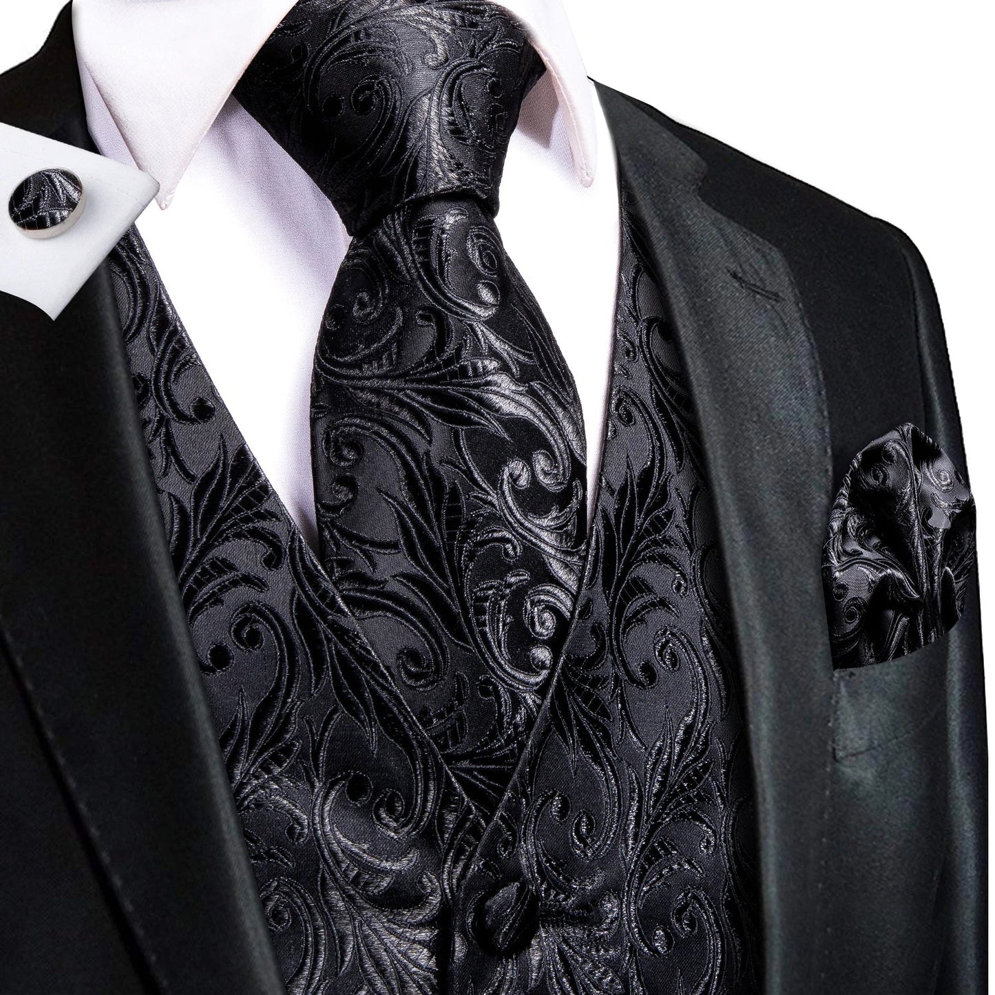 Hi-Tie Black Men Silk Vest Paisley Jacquard Necktie Hankerchief Cufflinks Sets Male Sleeveless V-Neck Waistcoat Business Formal Good Vibrations