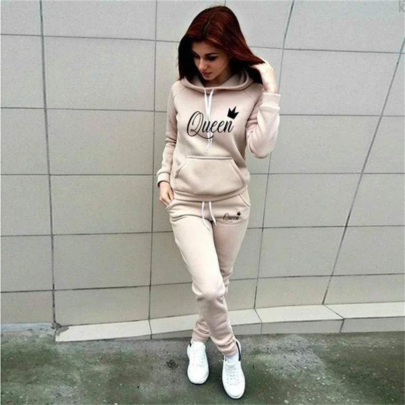 Hot women's 2-piece QUEEN print sports suit sportswear jogging suit women's hooded sportswear suit clothes hoodie+sweatpants Good Vibrations