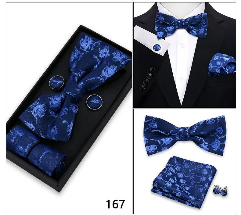 Bowtie For Men Set Gift Box Business Gift Fashion Bow Tie Pocket Square Cufflinks Set Bowtie 3pcs For Wedding Hanky Cravata Neck Good Vibrations