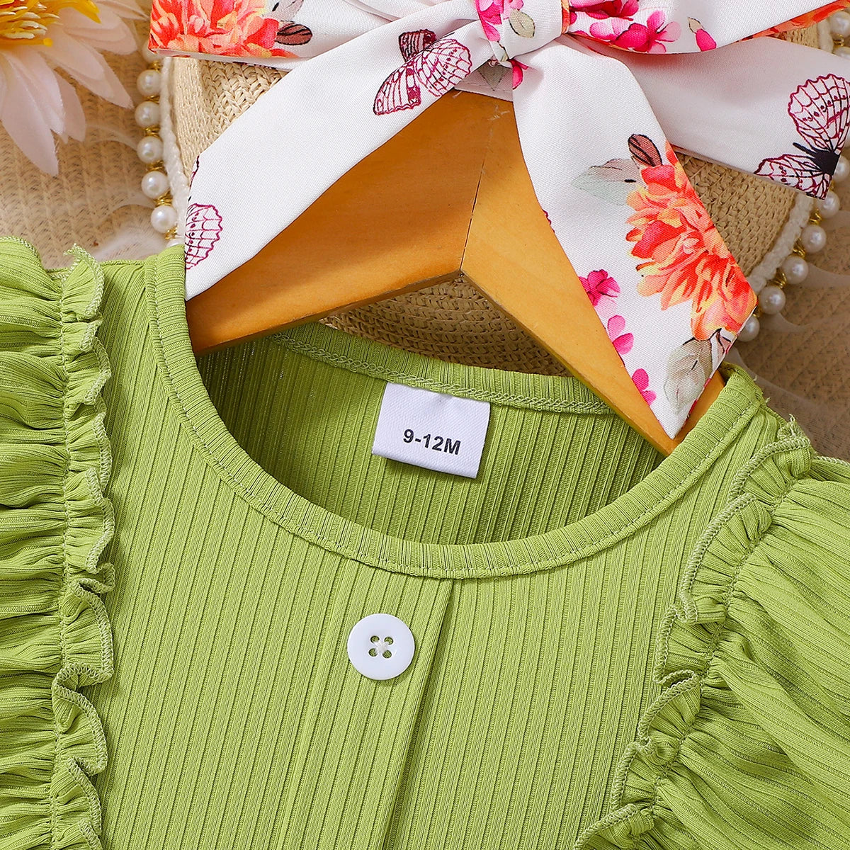 Girls Summer Outfit with Ruffle Sleeve Top And Floral Shorts Children's Clothing Set for Girls Good Vibrations