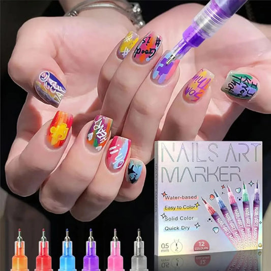 12 Colors Nail Art Pens Set Waterproof 0.5MM Nail Polish Pens Quick-Drying Nail Art Acrylic Paint Nail Pen Tools Salon Nail DIY Good Vibrations