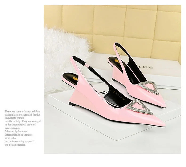 Wedges Women Shoes High Heel Shallow Pointed Toe Hollow Back Straps Patent Leather Triangle Metal Crystal Buckle Pumps Good Vibrations