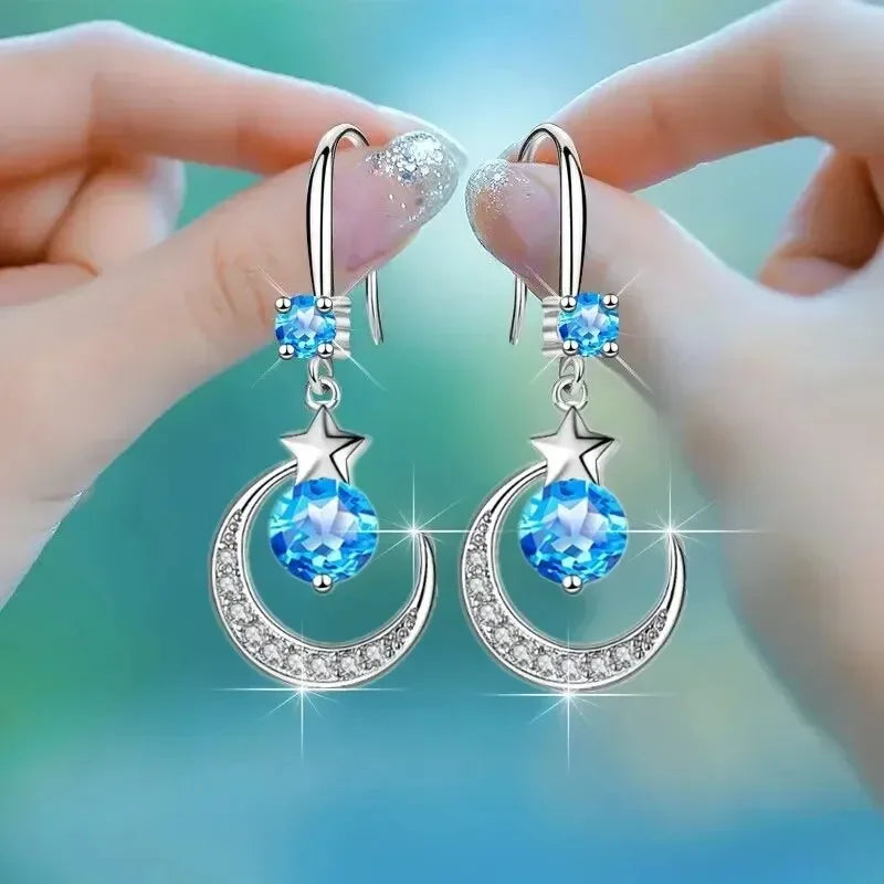 Female Fashion Star Moon Earrings 925 Sterling Silver White Sapphire Pink Blue White Artificial Dangle Earrings Good Vibrations Adult Super Store