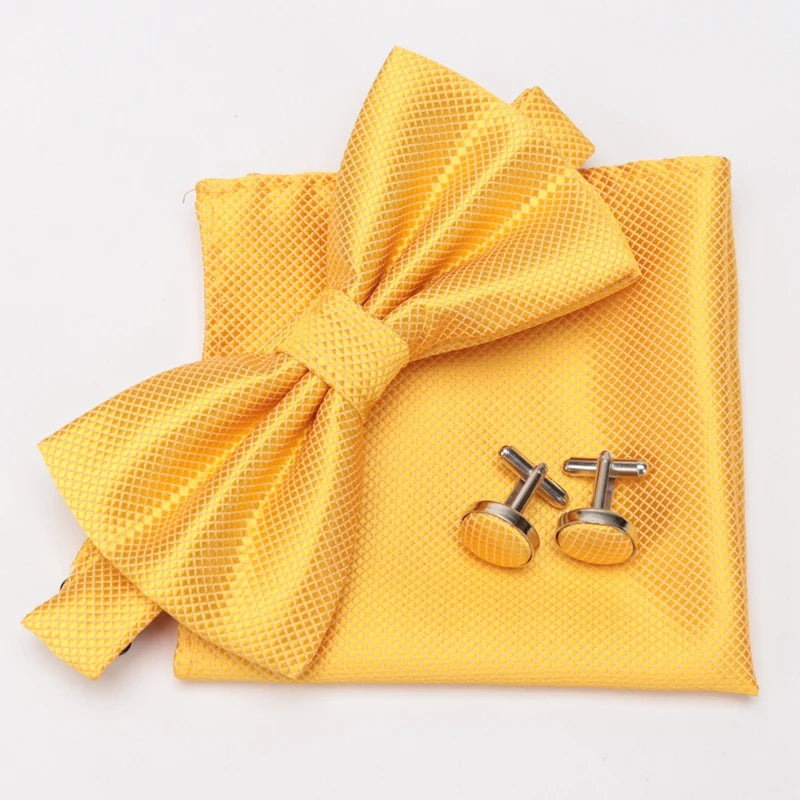 Men Bowtie Set 3pcs Plaids Classic Fashion Wedding Party Formal Cufflinks Bow Tie Handkerchief Cuff Links Lots Three Piece Set Good Vibrations