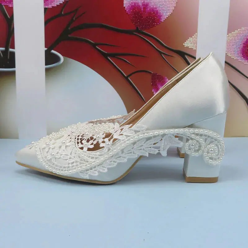 BaoYaFang New Arrival Thick Heel Pointed Toe Womens Wedding Shoes High Heels ladies fashion shoes woman White Lace ankle strap Good Vibrations