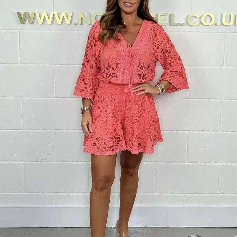 Hollow Embroidery Lace Crochet Set Women 2 Pieces Spring Suit GOOD Vibrations