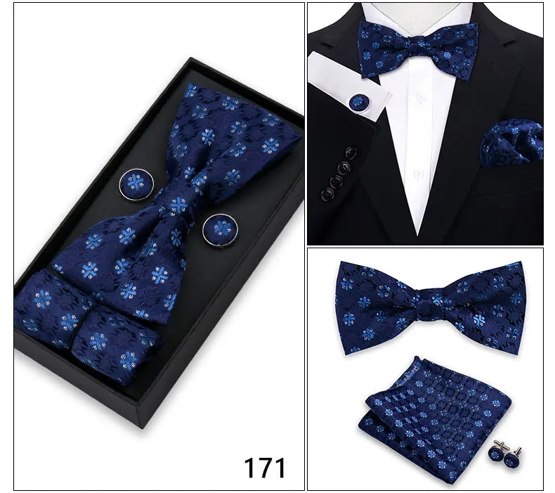 Bowtie For Men Set Gift Box Business Gift Fashion Bow Tie Pocket Square Cufflinks Set Bowtie 3pcs For Wedding Hanky Cravata Neck