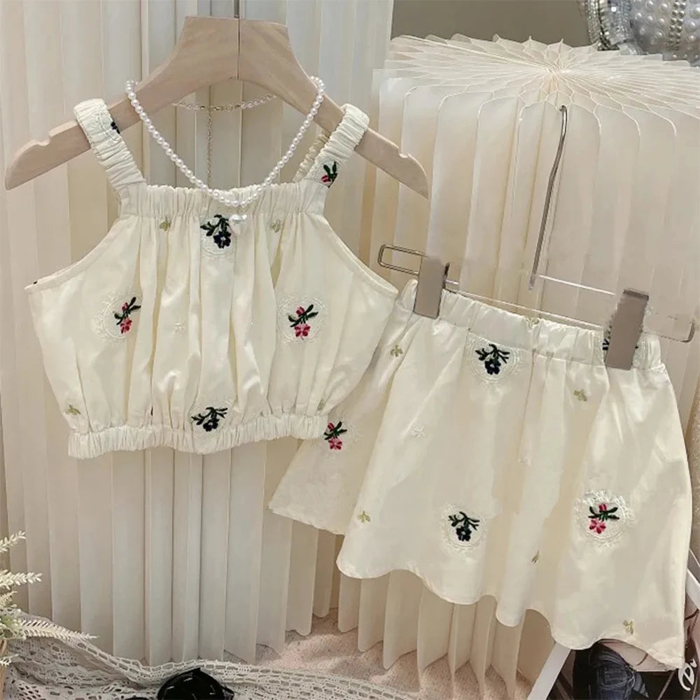 Summer Girls Outfit 2-6Y Kids Embroidered Camisole + Short Skirt 2 Pieces Sets Adorable Good Vibrations