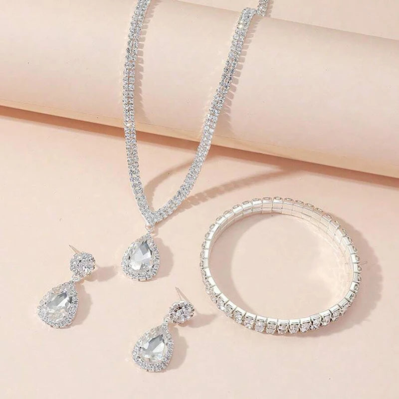 4 Pieces Luxurious Jewelry Set Exquisite Rhinestone Pendant Elegant Women's Crystal Silver Plated Necklace Earrings Bracelet Set Good Vibrations Adult Super Store