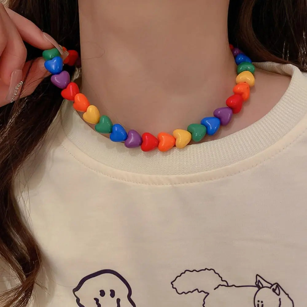 Chic Pride Rainbow Necklace Acrylic Love Adjustable Collarbone Chain Neck Jewelry Charm Heart Beaded Necklace Party Supplies Good Vibrations