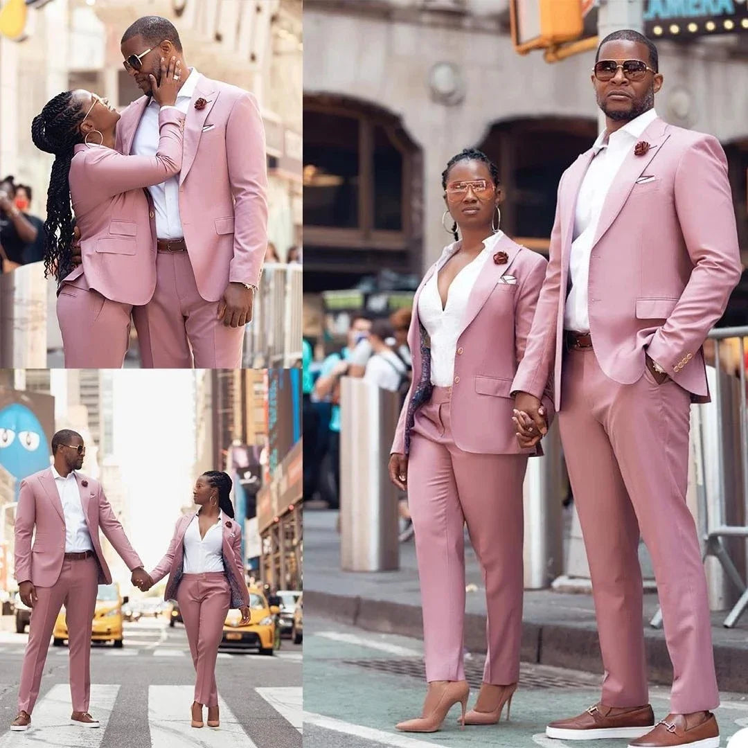 Hot Couples British Pink Costume Homme Mens Suits 2 Pcs Groomsmen Wedding Tuxedos Terno Masculino Slim Fit Prom (Jacket+Pants) Good Vibrations