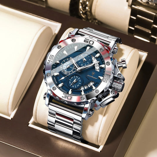 POEDAGAR luxury men's stainless steel chronograph watch with blue dial, luminous hands, calendar, and waterproof design