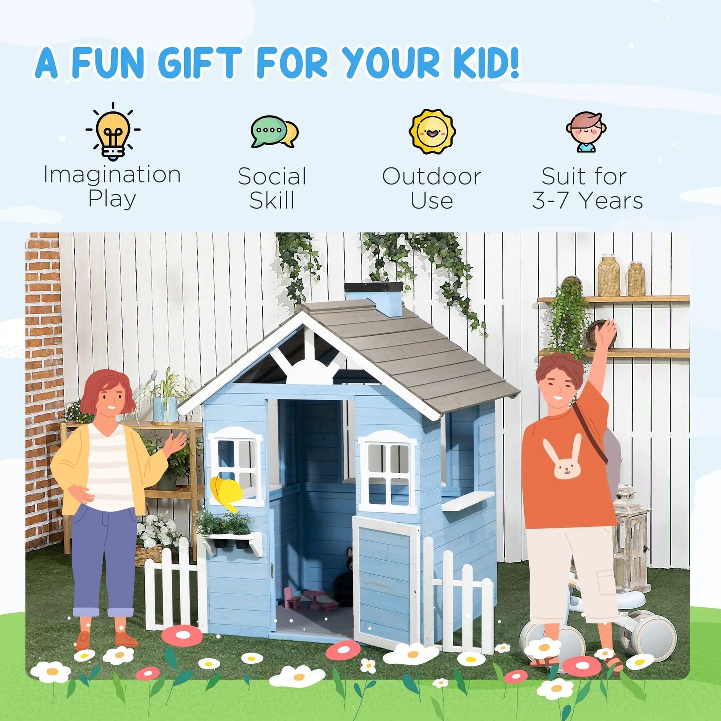 Wooden Playhouse for Kids Outdoor with Flower Pot Holders, Door, Windows, Service Stations for 3-7 Years, Blue Good Vibrations