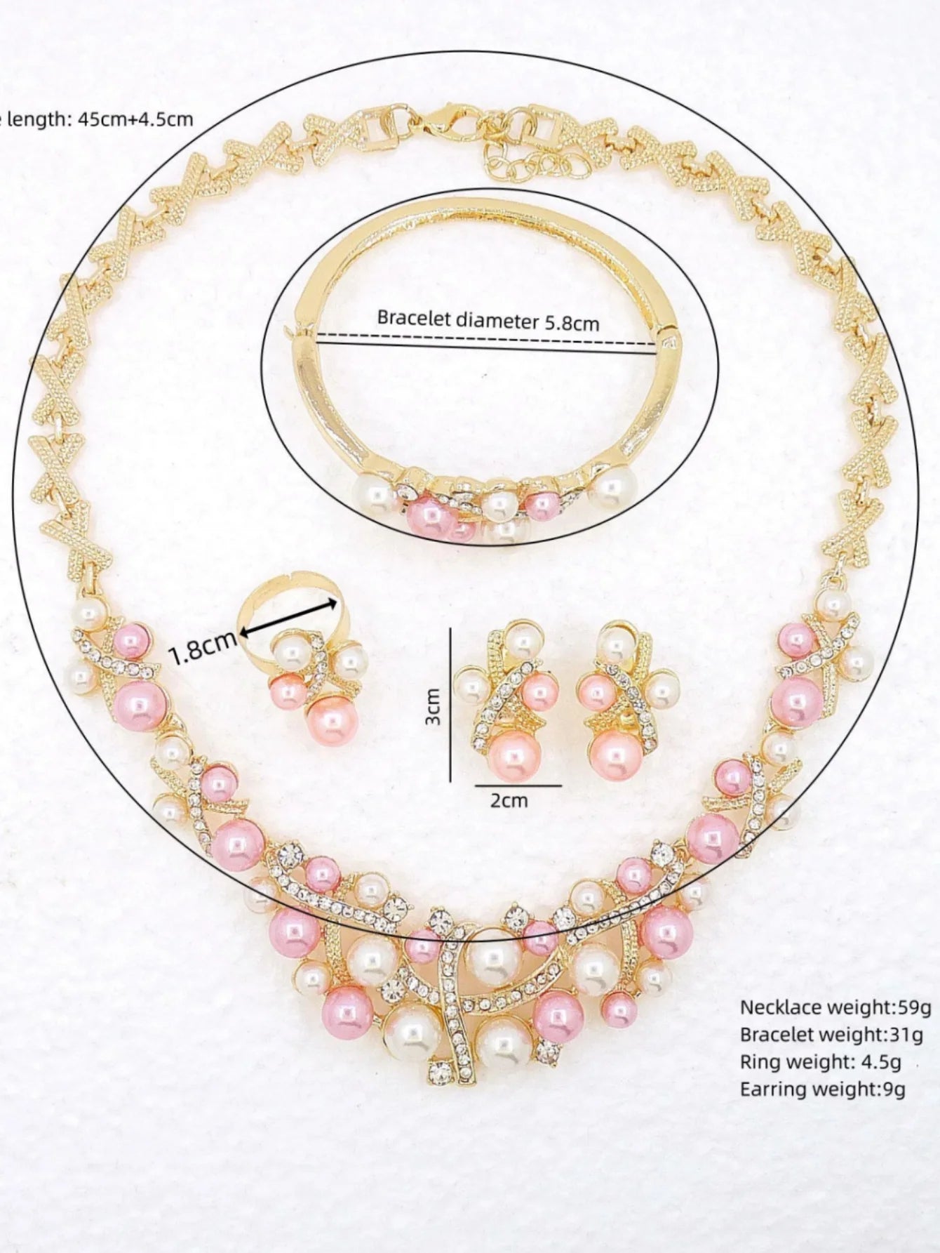 Stylish Pink and White Imitation Pearls and Rhinestone Jewelry Set, Including Necklaces, Bracelets, Earrings, Rings, the Most Suitable for Women’S Wedding Parties Good Vibrations