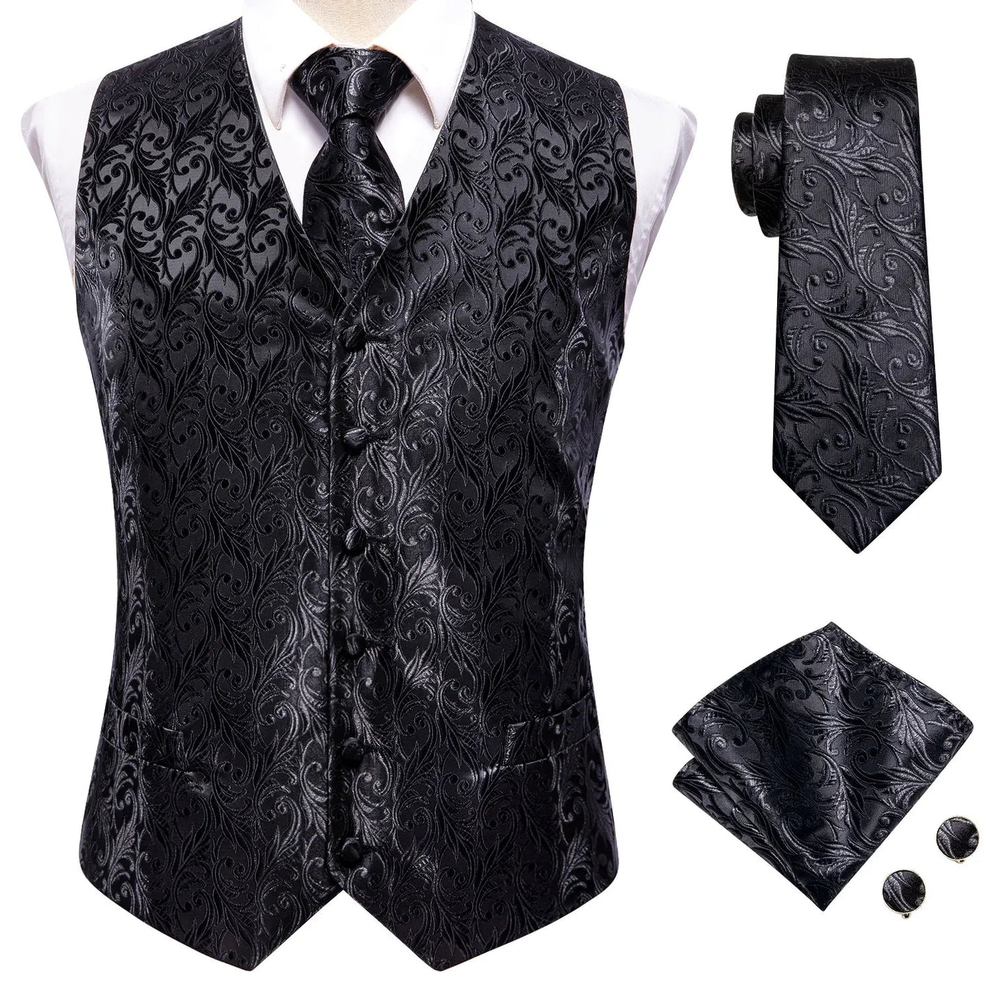 Hi-Tie Black Men Silk Vest Paisley Jacquard Necktie Hankerchief Cufflinks Sets Male Sleeveless V-Neck Waistcoat Business Formal Good Vibrations