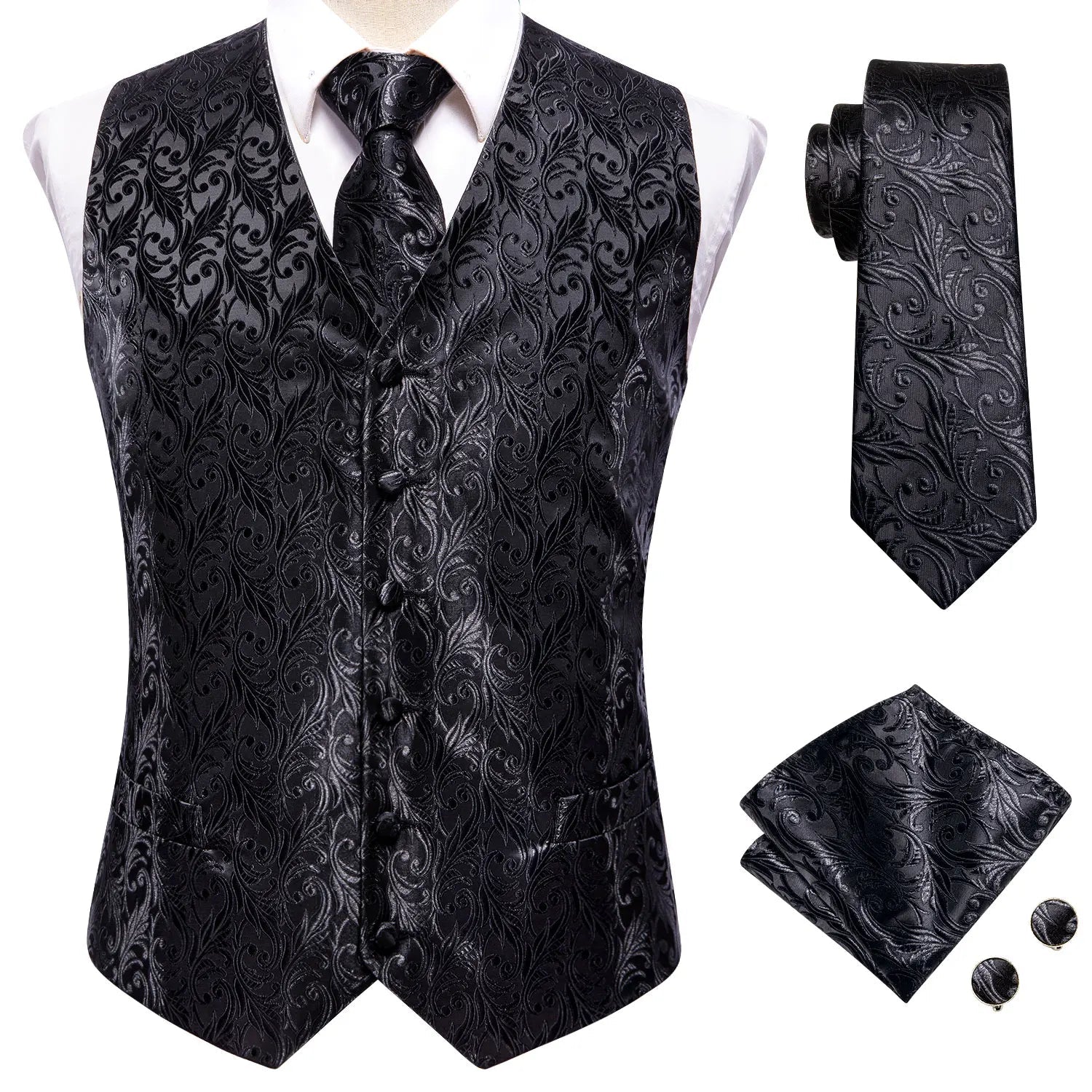 Hi-Tie Black Men Silk Vest Paisley Jacquard Necktie Hankerchief Cufflinks Sets Male Sleeveless V-Neck Waistcoat Business Formal Good Vibrations