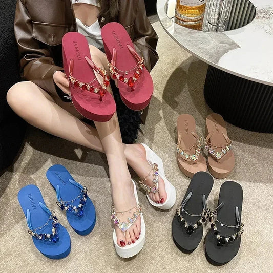 Flip Flops Women New High Heeled Slippers Women Diamond Slope Heel Slippers Elegant Fashion Beach Sandals Womens Sexy Shoes Good Vibrations