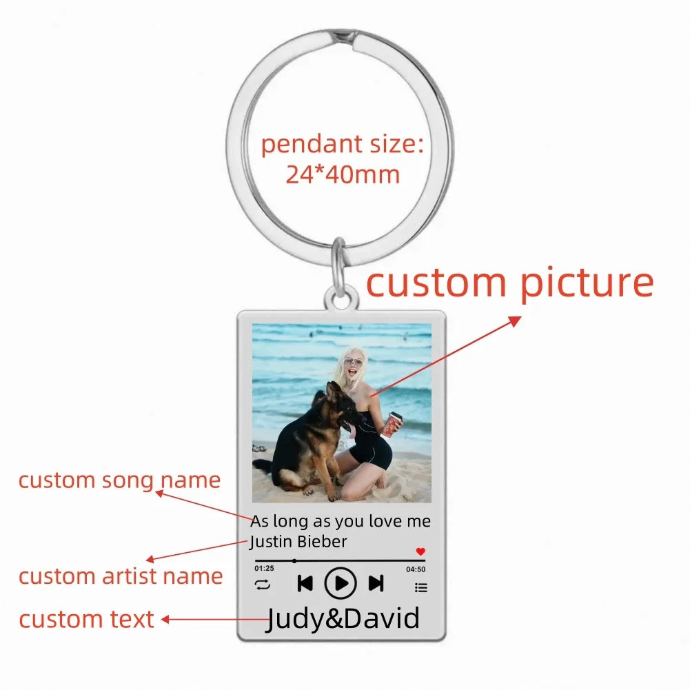 Jeshayuan Custom Picture Keychain Customized Music Song Key Ring Stainless Steel Personalized Photo Keychains Gifts for Lover Good Vibrations