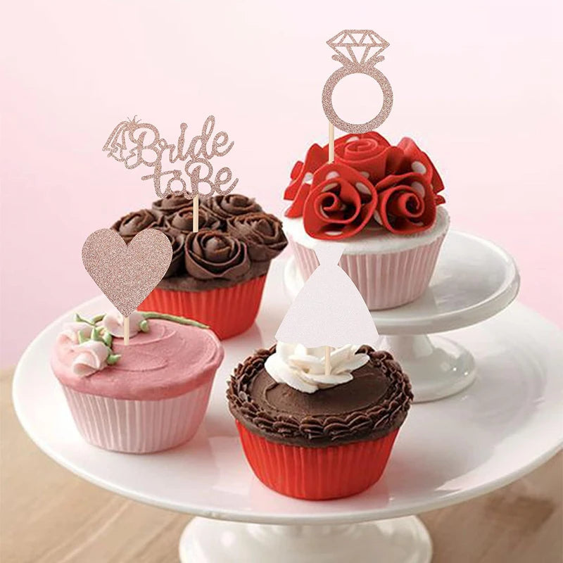 12/24pcs Bride to Be Diamond Ring Cupcake Toppers Wedding Bridal Shower Cake Decorations Rose Gold Bachelorette Party Supplies Good Vibrations