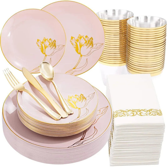 175PCS Pink Plastic Plates-Disposable Plates Include 50Plates, 25Forks, 25Knives, 25Spoons, 25Cups, 25Napkins Perfect Good Vibrations