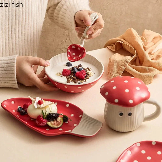 Mushroom Ceramic Tableware Mushroom Rice Bowl Noodles Bowl Soup Pot Flat Plate Sushi Plate Mushroom Mug Spoon Kitchen Tableware Good Vibrations