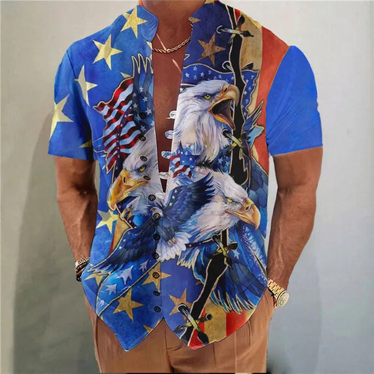 Men Shirts New Print Button Shirt Fashion Stand Collar Loose Fitting Men's Shirts Casual Streetwear Comfortable Good Vibrations