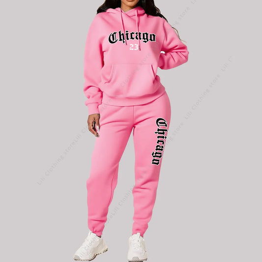 Women's Sets Hoodies Pants 2 Piece Outfits Aesthetic Sportswear Sweatsuit Chicago Graphic Letter Print Plus Size Pink Tracksuit Good Vibrations