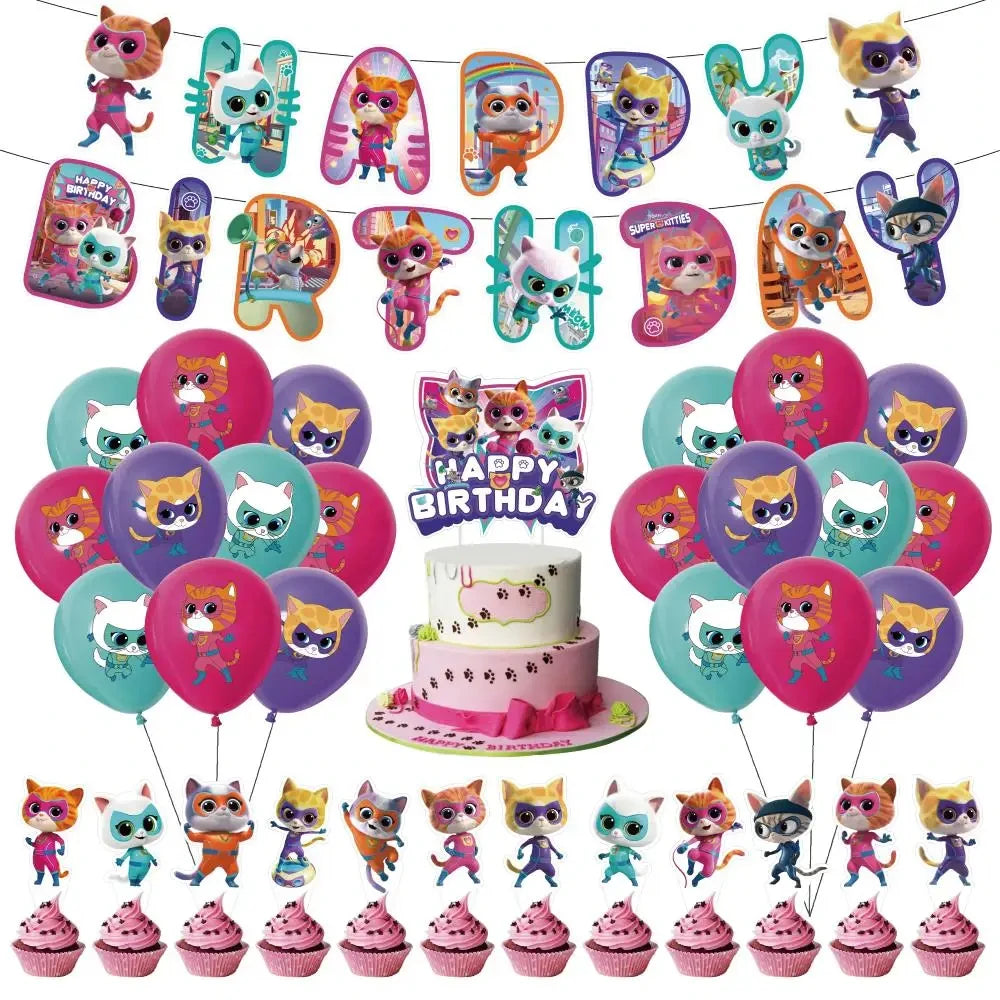 Cartoon Superkitties Birthday Party Decorations Balloons Disposable Tableware Set Paper Plates Banner for Baby Shower Kids Gifts Good Vibrations