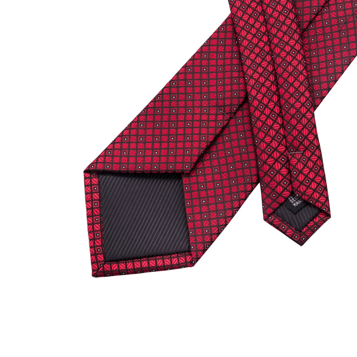 Hi-Tie Designer Red Burgundy Plaid Silk Wedding Tie For Men Handky Cufflink Gift Mens Necktie Fashion Business Party Dropshiping Good Vibrations