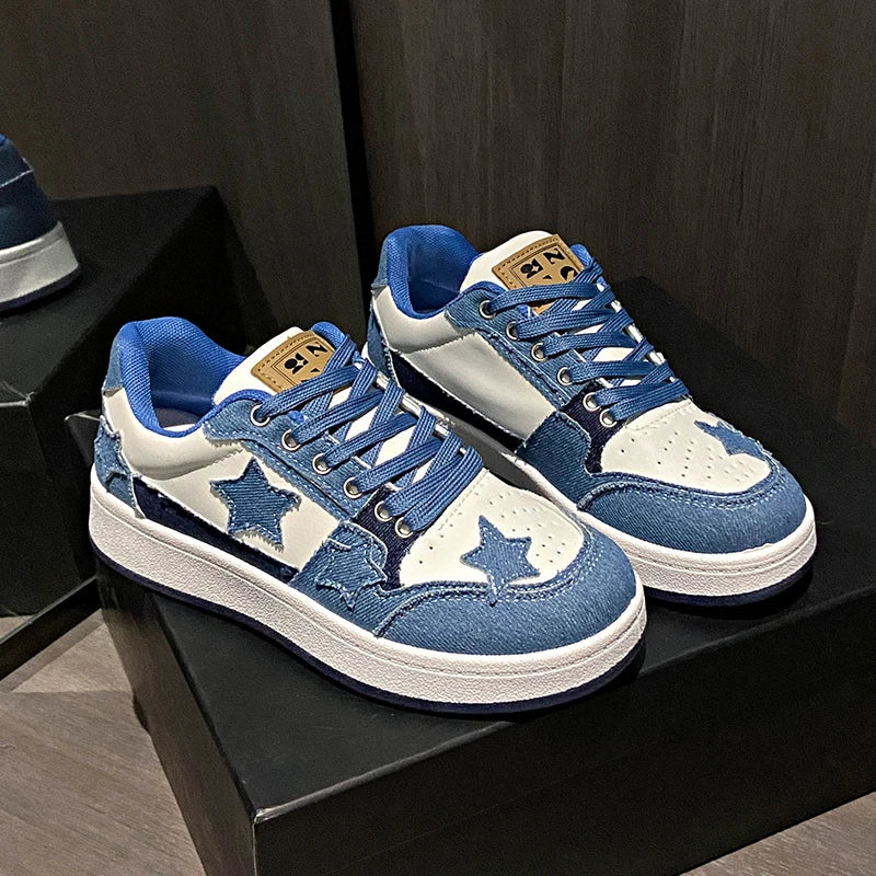 Women's Fashion Sneakers Spring New Denim Spliced Front Lace-Up Platform Non-Slip Wear-Resistant Flat Single Shoes Good Vibrations